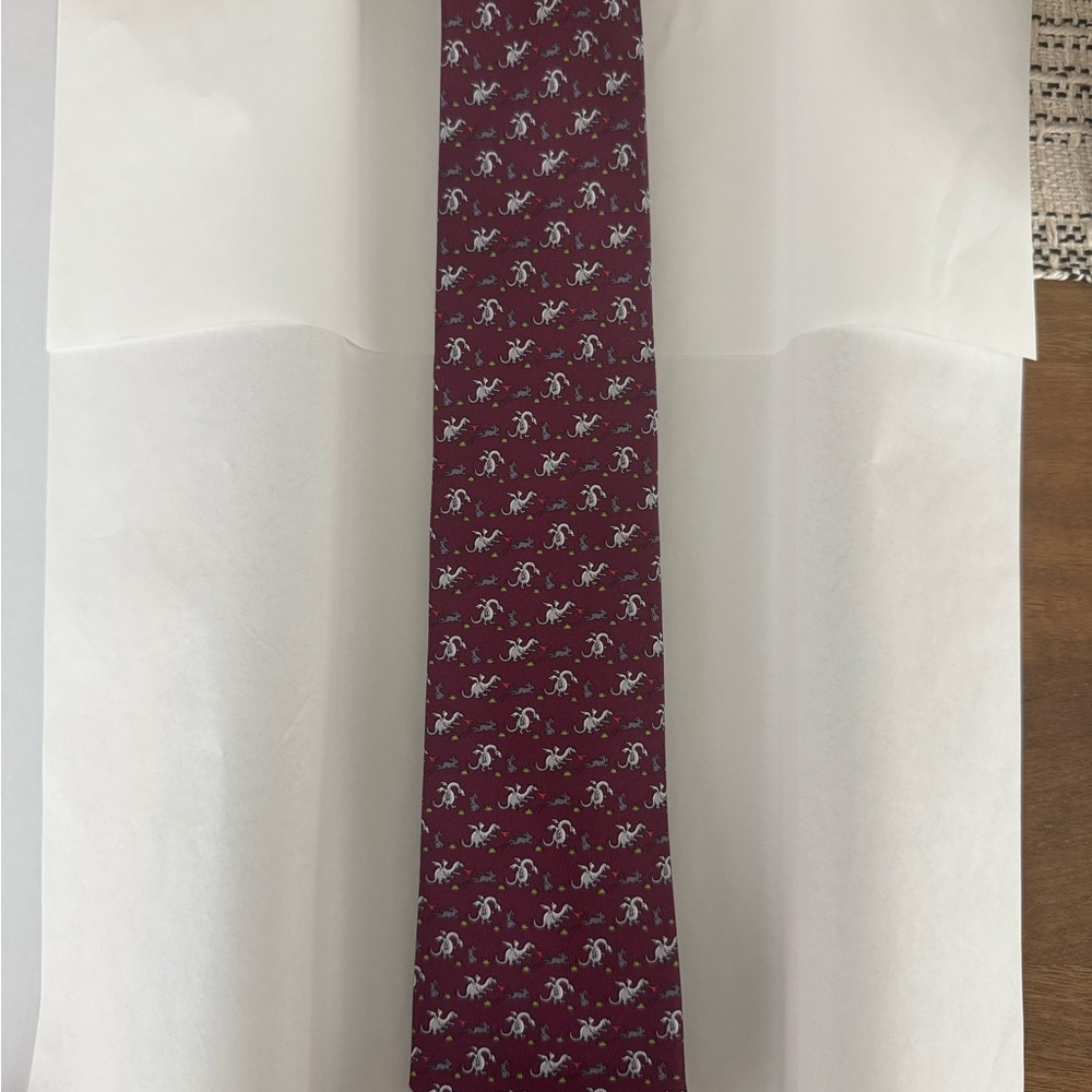 Hermes Burgundy and White Patterned Dinosaur Tie